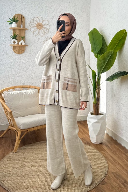 Hırkalı Triko Takım 24116 - TAŞ RENGİ