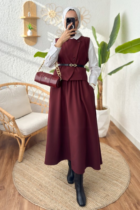 Kemerli Yelek Etek Takım 24123 - BORDO