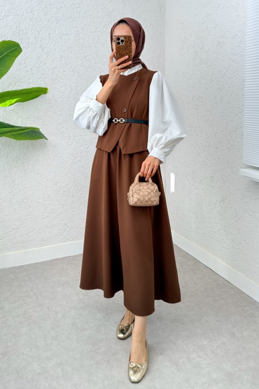 Kemerli Yelek Etek Takım 24123 - KAHVERENGİ