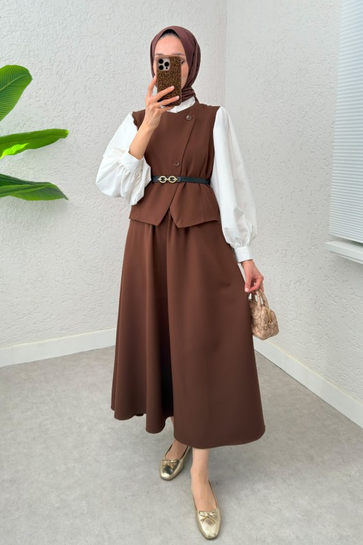 Kemerli Yelek Etek Takım 24123 - KAHVERENGİ