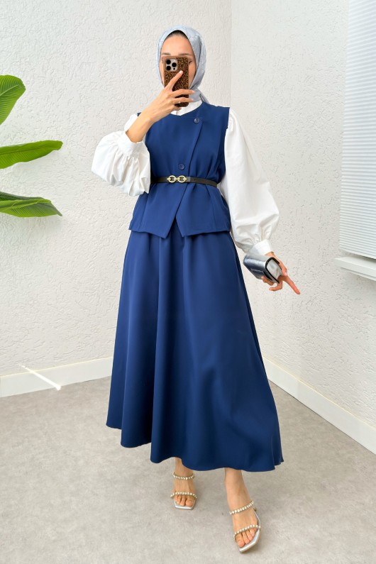 Kemerli Yelek Etek Takım 24123 - SAKS MAVİSİ