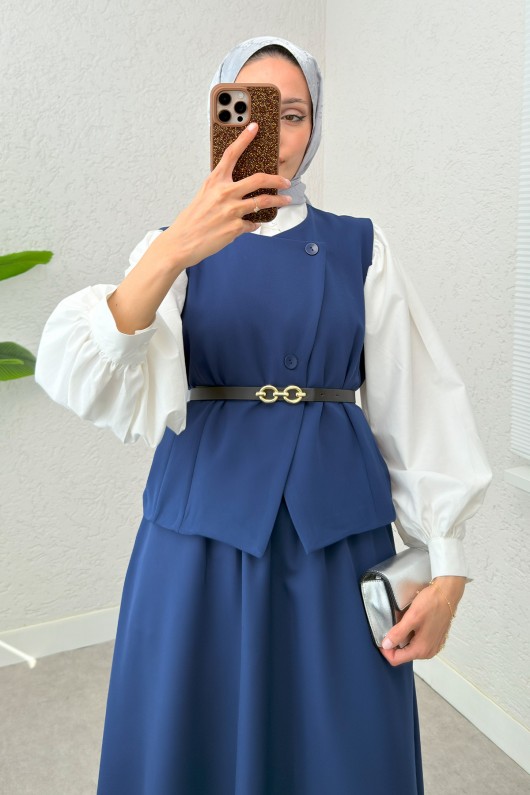 Kemerli Yelek Etek Takım 24123 - SAKS MAVİSİ