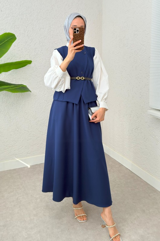 Kemerli Yelek Etek Takım 24123 - SAKS MAVİSİ