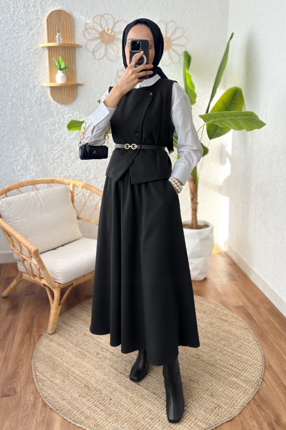 Kemerli Yelek Etek Takım 24123 - SİYAH