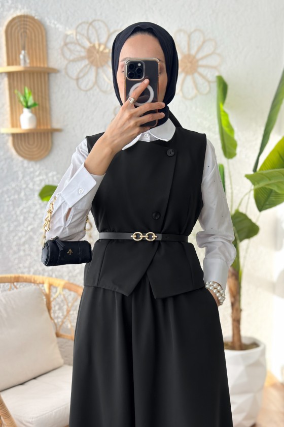 Kemerli Yelek Etek Takım 24123 - SİYAH Kemerli Yelek Etek Takım 24123 - SİYAH