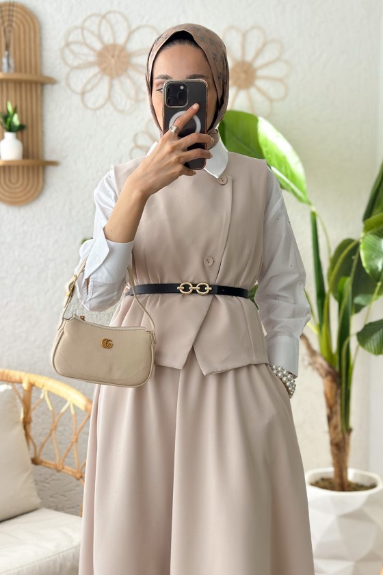 Kemerli Yelek Etek Takım 24123 - TAŞ RENGİ