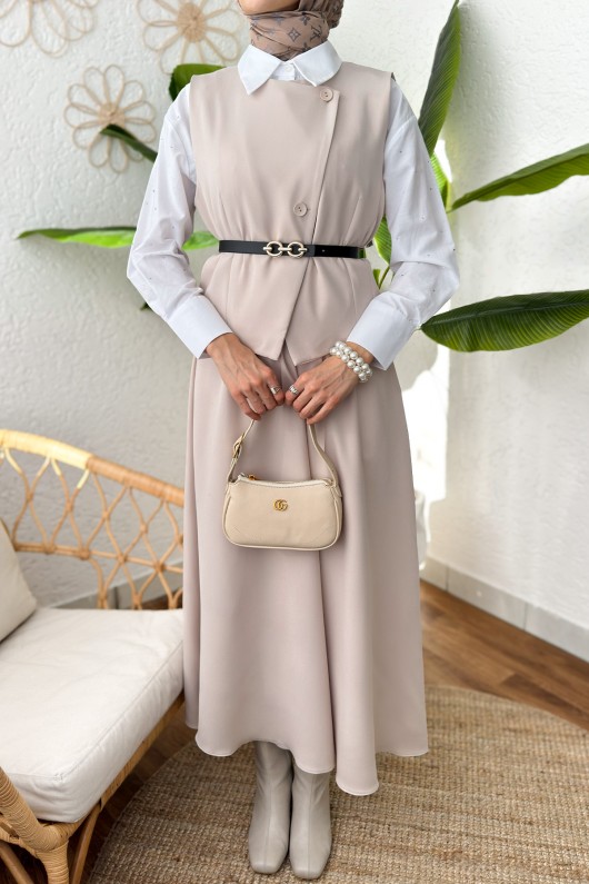 Kemerli Yelek Etek Takım 24123 - TAŞ RENGİ