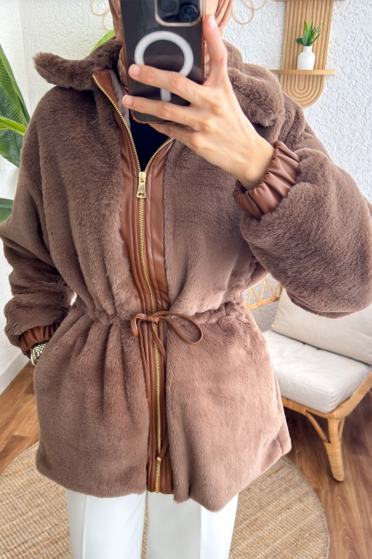 Deri Detaylı Peluş Mont 24132 - KESTANE RENGİ