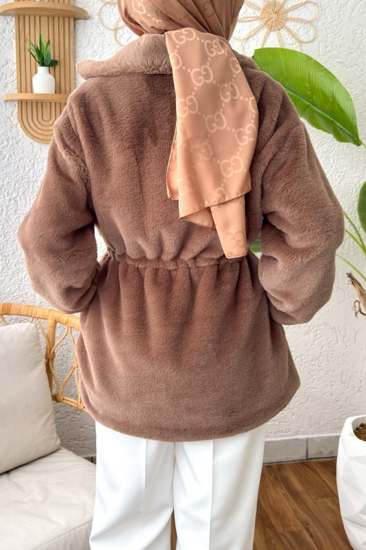 Deri Detaylı Peluş Mont 24132 - KESTANE RENGİ