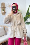 Deri Detaylı Peluş Mont 24132 - KREM