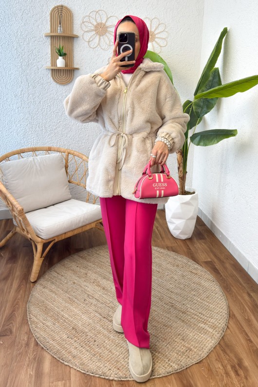 Deri Detaylı Peluş Mont 24132 - KREM