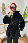 Deri Detaylı Peluş Mont 24132 - SİYAH