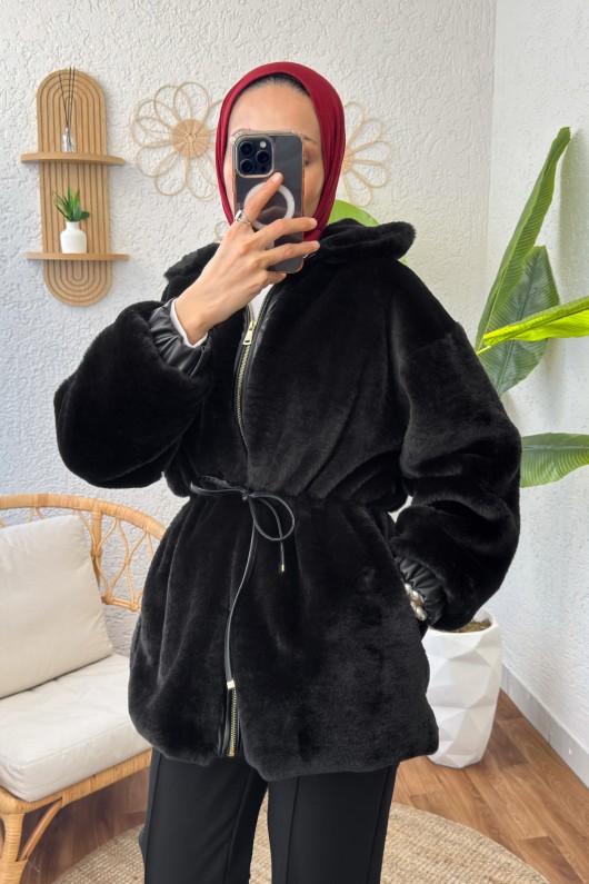 Deri Detaylı Peluş Mont 24132 - SİYAH