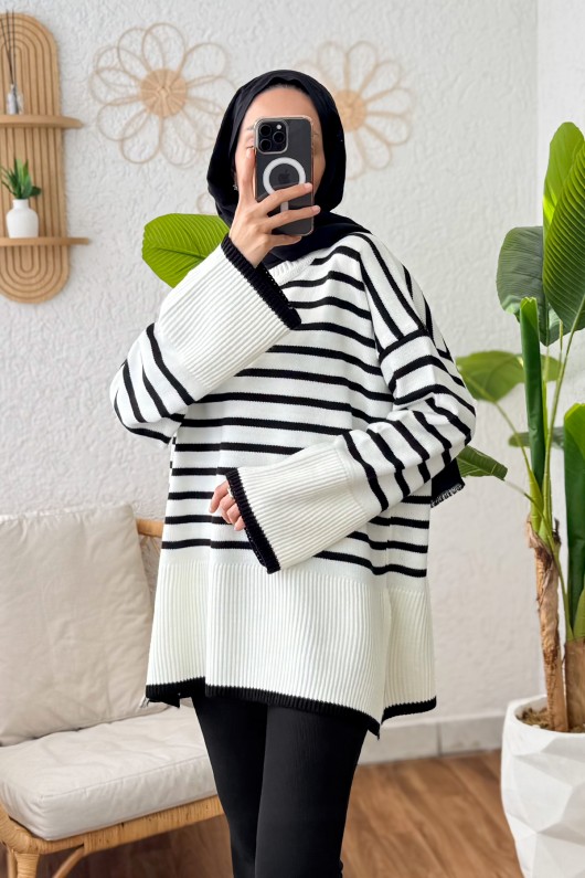 Çizgili Triko Tunik 24640 - BEYAZ