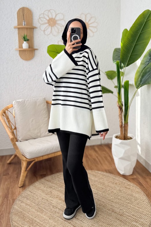 Çizgili Triko Tunik 24640 - BEYAZ