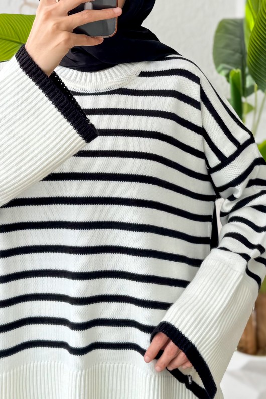 Çizgili Triko Tunik 24640 - BEYAZ