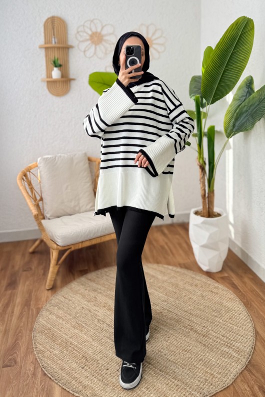 Çizgili Triko Tunik 24640 - BEYAZ