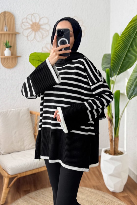 Çizgili Triko Tunik 24640 - SİYAH