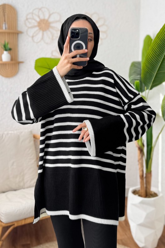 Çizgili Triko Tunik 24640 - SİYAH