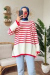 Çizgili Triko Tunik 24640 - KIRMIZI