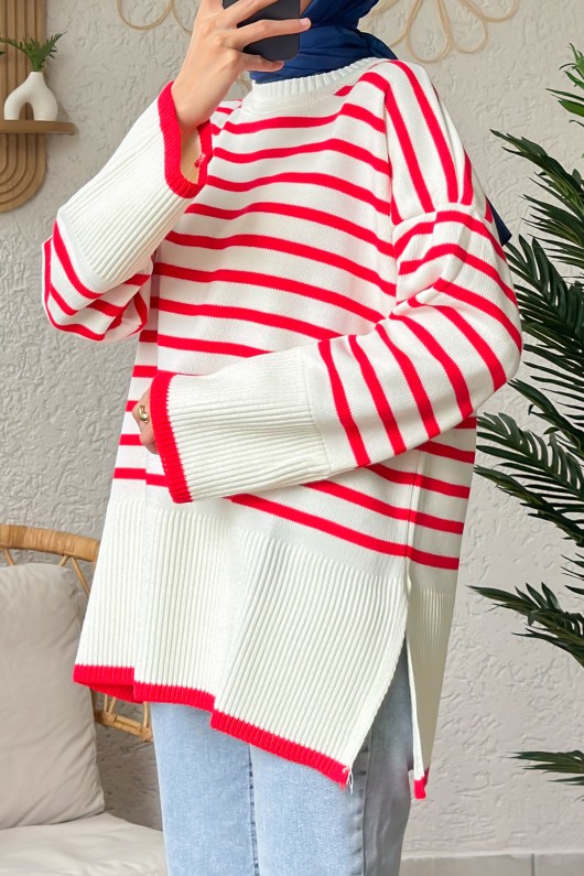 Çizgili Triko Tunik 24640 - KIRMIZI