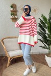 Çizgili Triko Tunik 24640 - KIRMIZI