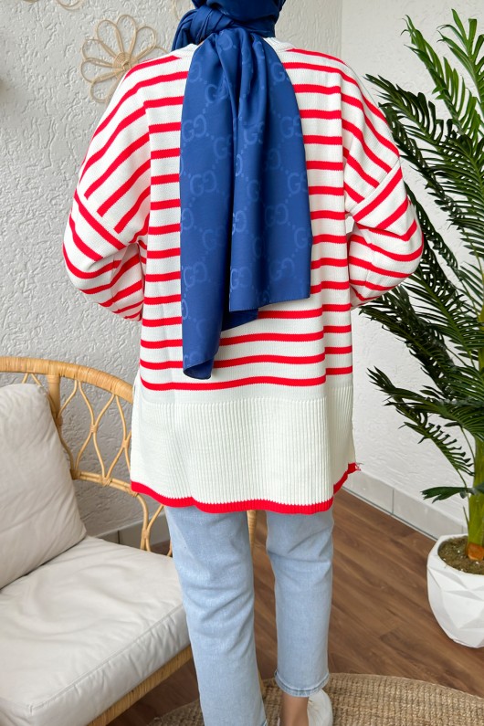 Çizgili Triko Tunik 24640 - KIRMIZI