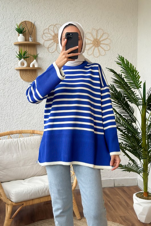 Çizgili Triko Tunik 24640 - MAVİ