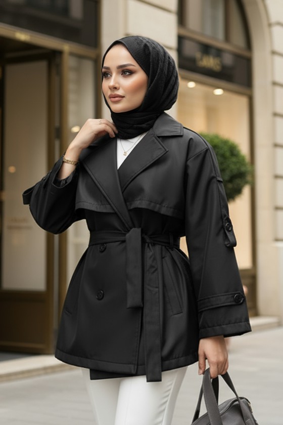 Apolet Detaylı Trençkot 25145 - SİYAH