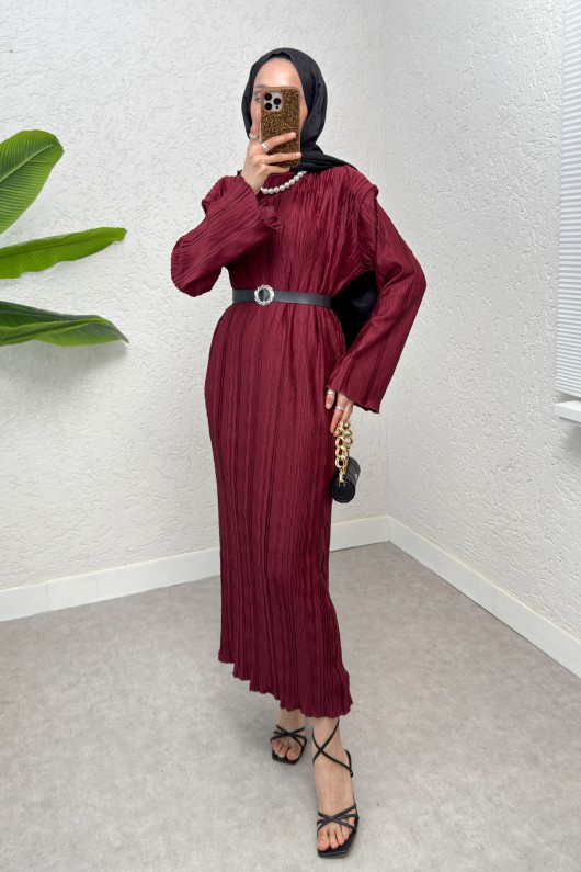 kabartma Desenli Elbise 25182 - BORDO