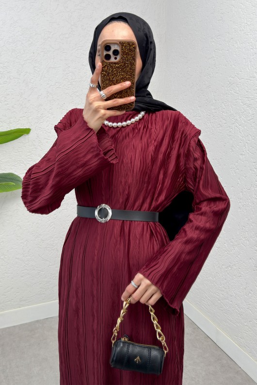 kabartma Desenli Elbise 25182 - BORDO