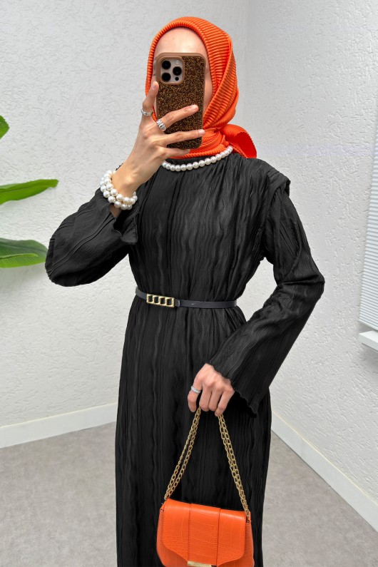 kabartma Desenli Elbise 25182 - SİYAH