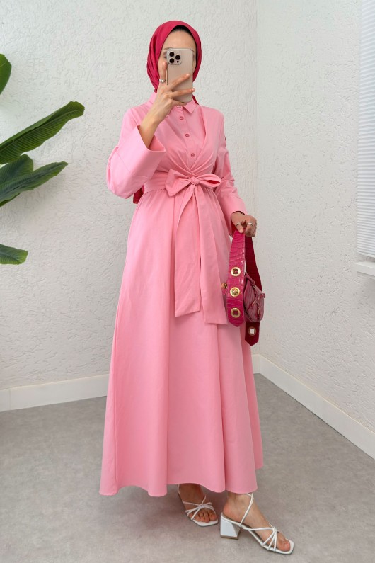 Önden Bağlamalı Tesettür Elbise 2534 - PEMBE