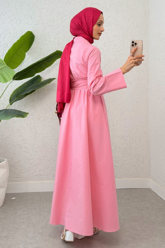 Önden Bağlamalı Tesettür Elbise 2534 - PEMBE