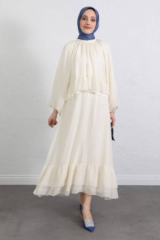 Volanlı Şifon Takım 2538 - EKRU