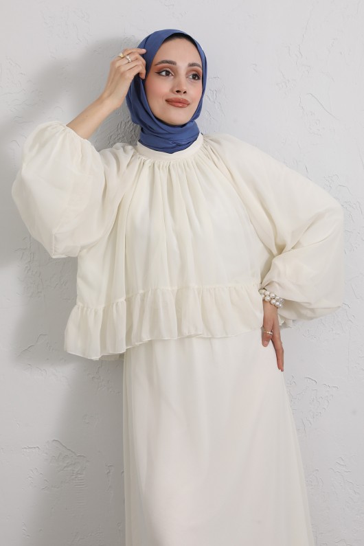 Volanlı Şifon Takım 2538 - EKRU