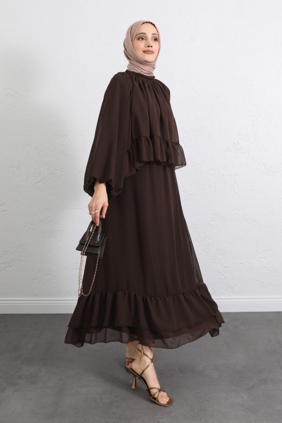 Volanlı Şifon Takım 2538 - KAHVERENGİ