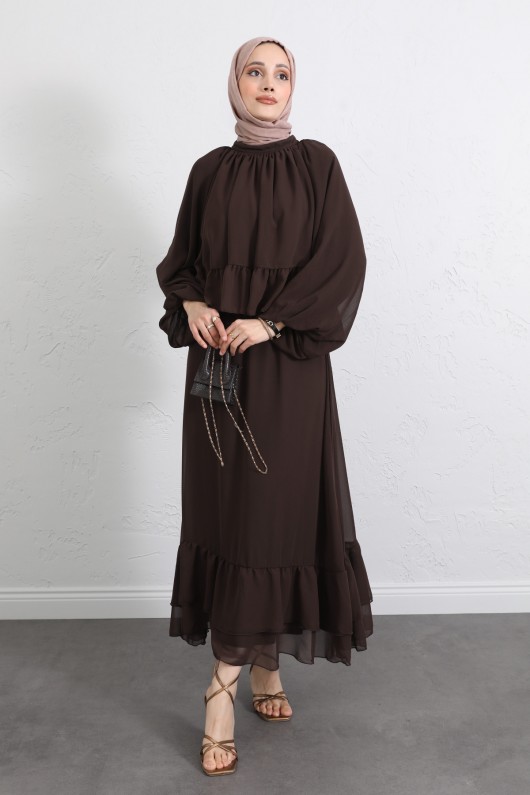 Volanlı Şifon Takım 2538 - KAHVERENGİ Volanlı Şifon Takım 2538 - KAHVERENGİ