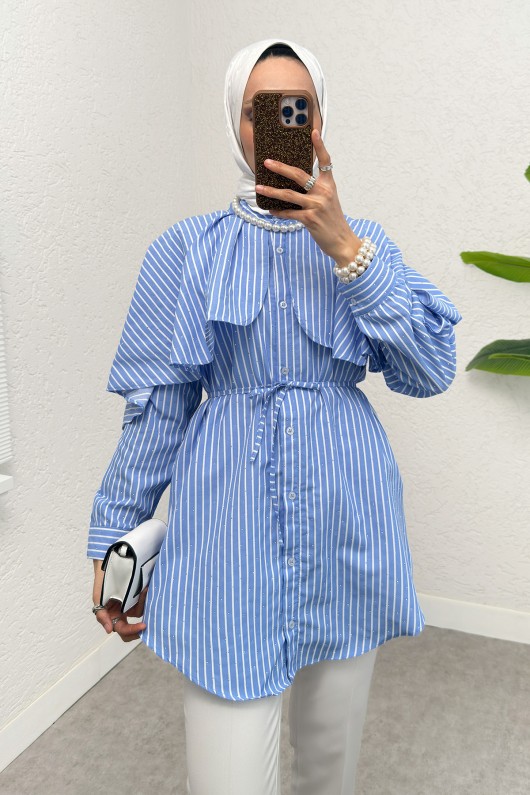 Taş Detaylı Pelerinli Gömlek 2544 - MAVİ