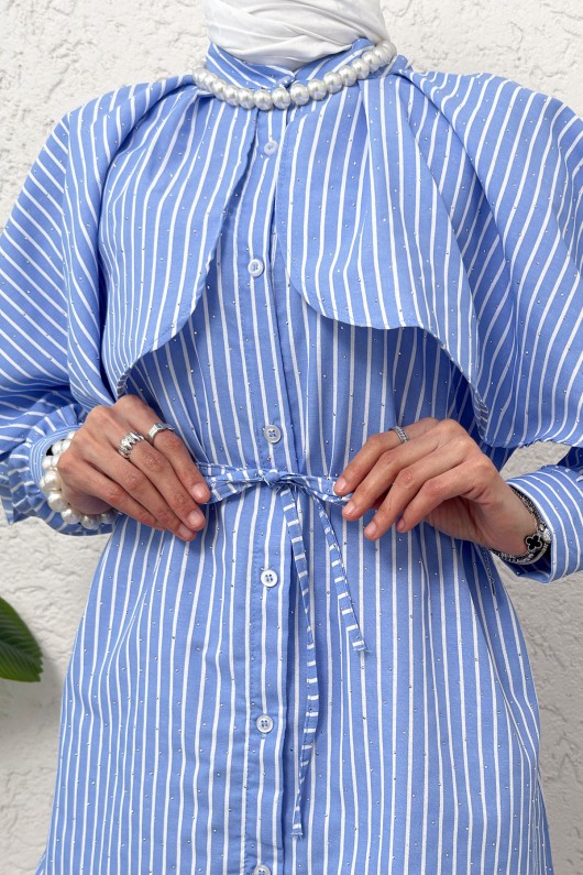 Taş Detaylı Pelerinli Gömlek 2544 - MAVİ