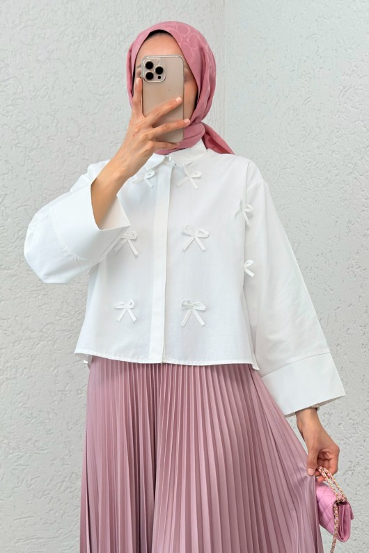 Fiyonk Detaylı Midi Gömlek 2549 - BEYAZ