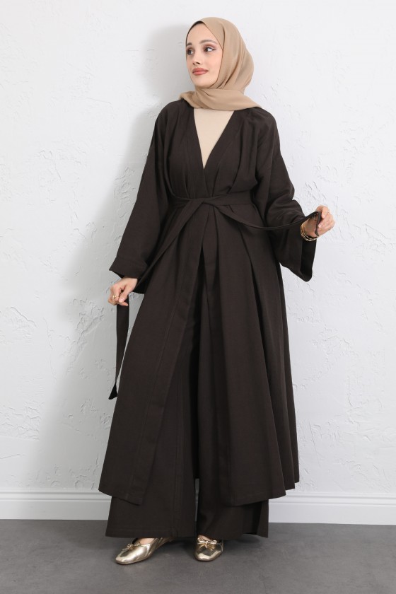 Kuşaklı Kimono Pantolon Takım 256036 - KAHVERENGİ