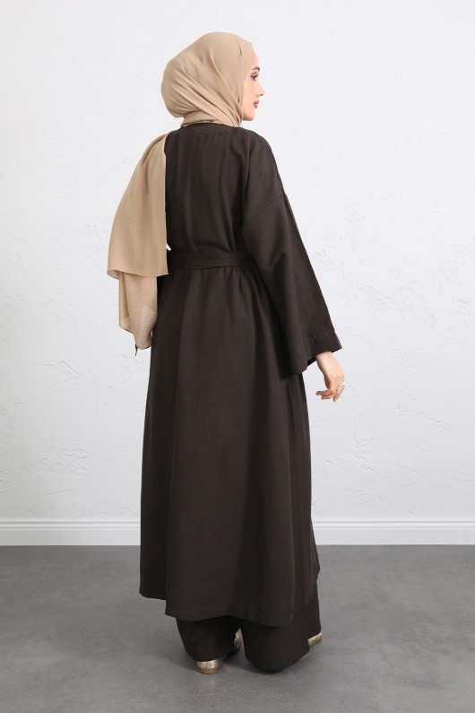 Kuşaklı Kimono Pantolon Takım 256036 - KAHVERENGİ Kuşaklı Kimono Pantolon Takım 256036 - KAHVERENGİ
