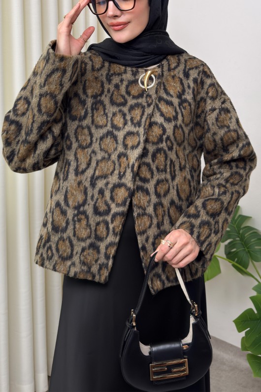 Leopar Desen Kaşe Ceket 2602 - KAHVERENGİ