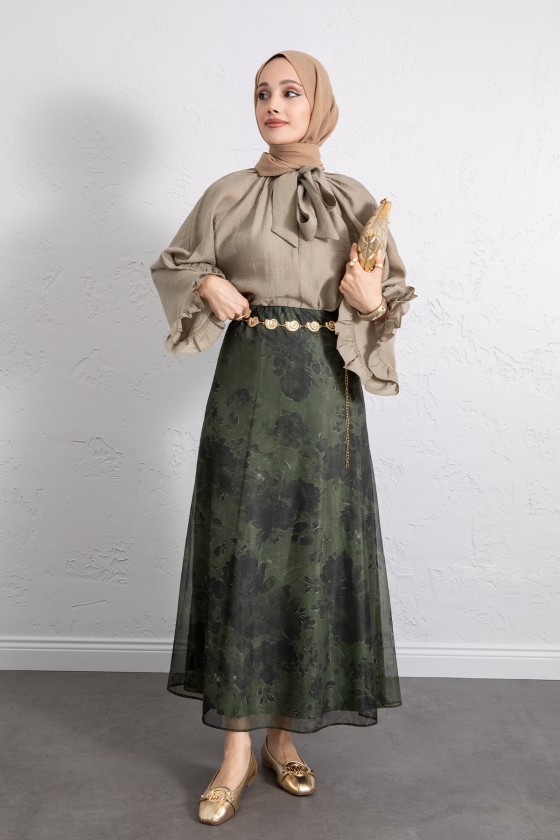 Baskılı Şifon Etek 261128 - HAKİ