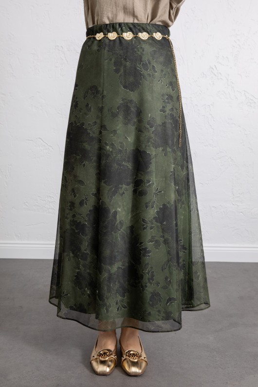 Baskılı Şifon Etek 261128 - HAKİ