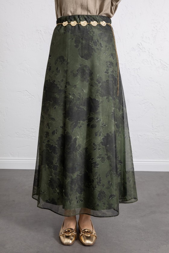 Baskılı Şifon Etek 261128 - HAKİ