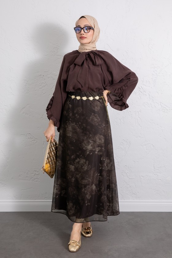 Baskılı Şifon Etek 261128 - KAHVERENGİ