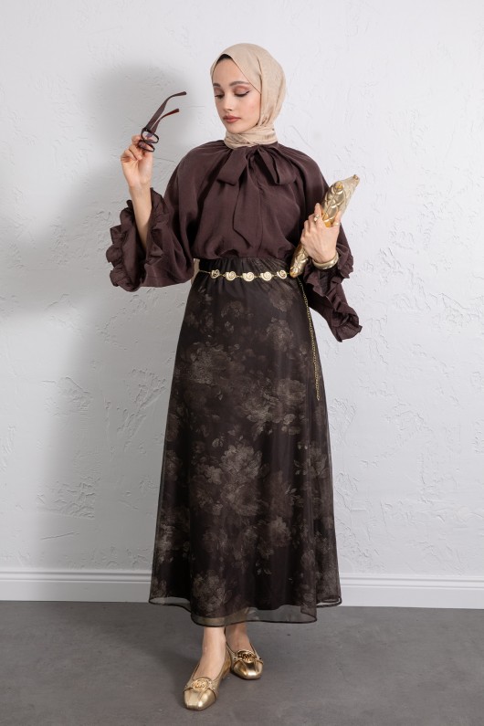 Baskılı Şifon Etek 261128 - KAHVERENGİ Baskılı Şifon Etek 261128 - KAHVERENGİ