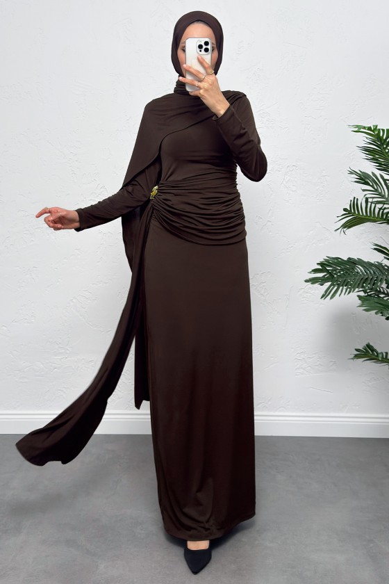 Pelerinli Drapeli Elbise 265000 - KAHVERENGİ